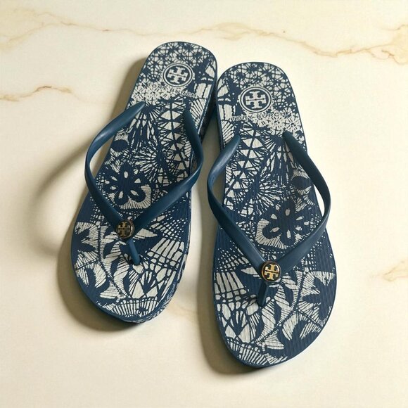 TORY BURCH Blue Platform Flip Flops Sandals Size 10 - Picture 1 of 10